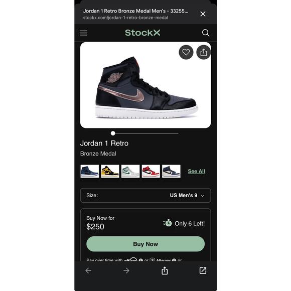 Air Jordan 1 Retro High Bronze Medal Black Grey White 332550-016 Men\'s Size 9